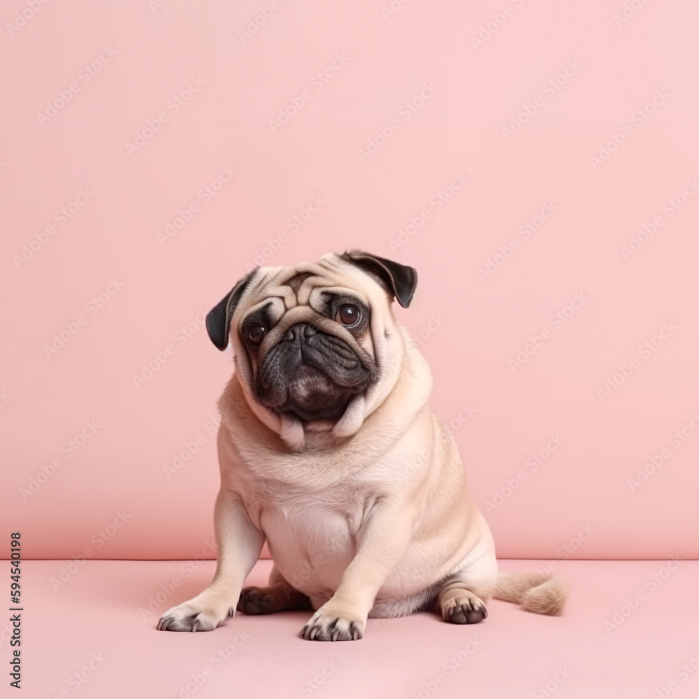 Little cute irresistible puppy dog ​​on pastel background, studio concept, lovely small animal. Illustration, Generative AI.