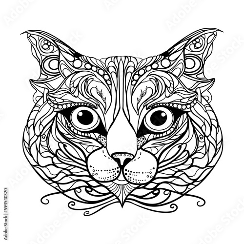 Illustration of a portrait of a cat with an ethnic doodle pattern. Zendala colouring page, design for spiritual retreat for adults, vector illustration isolated on white background. Zen doodles.