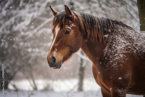 Cute horse in winter snow. Generate Ai