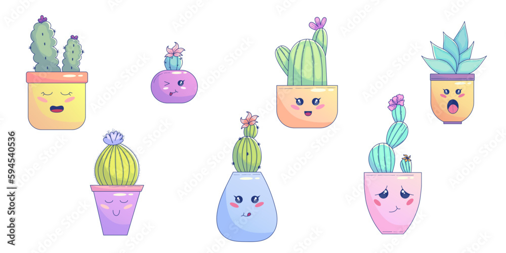 Cute Kawaii Cactus set in pot with face. Cute pastel succulent kawaii smaile. Cactus character in pot. Vector graphic illustration