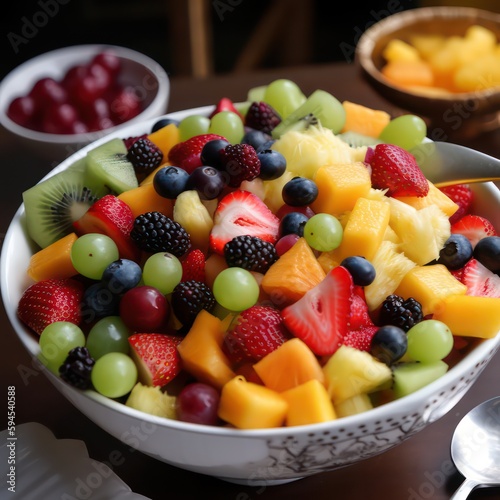 Fruit salad with mixed berries. Mixed berries in salad bowl. Generative AI.