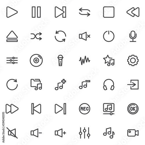 Audio and video UI line icons set
