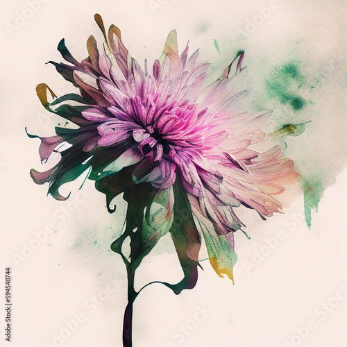 Generative AI. Chrysanthemum flower and leaves, watercolor painting on white paper