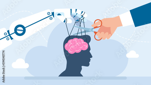 Dependence on technology. A specialist helps to escape from the influence of AI. Artificial Intelligence controls human. Robot hand manipulating brain. Robot puppet master. Flat vector illustration
