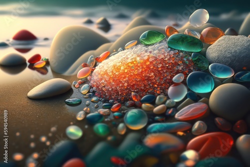 The beach is covered with many shining stones and small. Shining stones beach. Generative AI. photo