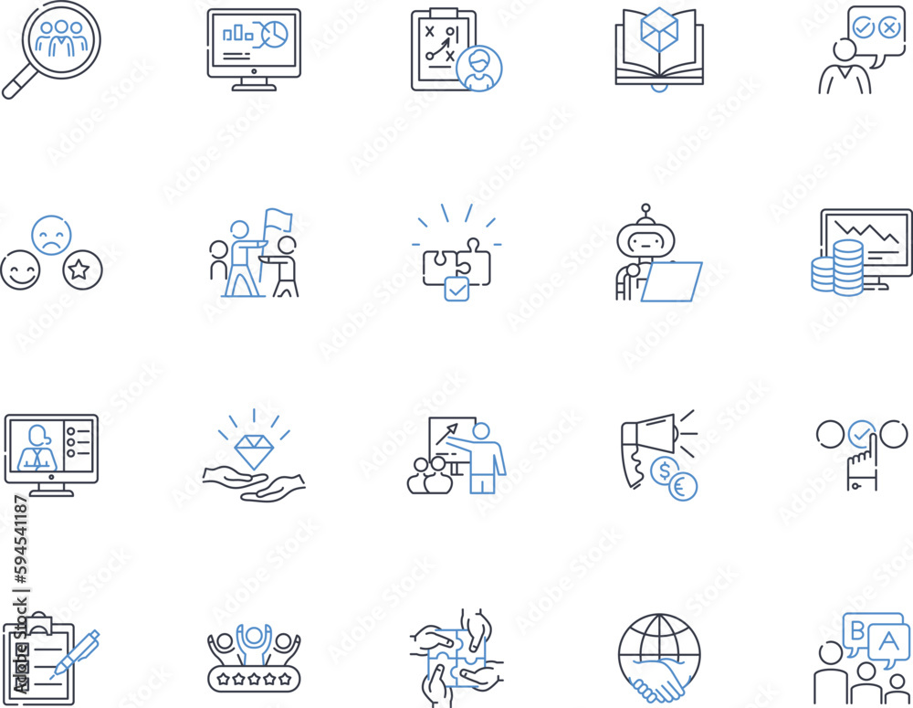 Mission line icons collection. Purpose, Quest, Expedition, Objective, Enterprise, Goal, Aim vector and linear illustration. Endeavor,Responsibility,Duty outline signs set