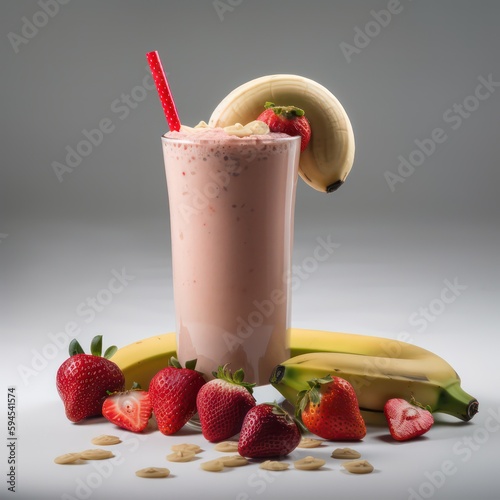 Strawberry banana smoothie. Banana with strawberry smoothie. Generative AI.