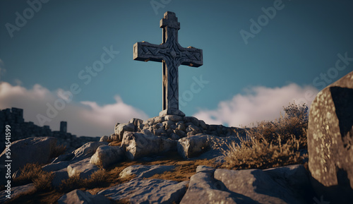 cross symbol on the rock hill,christian symbol on top of rock generative ai