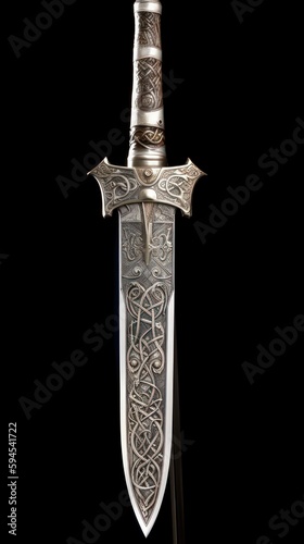 Fantasy silver sword. Silver sword isolated on black background. 3d art style about sword. Generative AI.