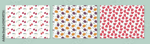 Berry Fruit seamless background collection. Seamless pattern with cherry, plum, strawberry on white background. Backgrounds for textile, wrapping paper, wallpaper, cover design, card, banner, clothes.