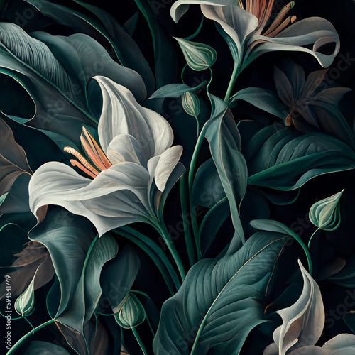 Abstract flowers on dark foliage nature background. Generative AI.