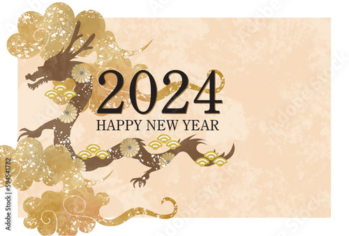 辰年年賀状のテンプレート素材　辰, 辰年, 年賀状, 2024, 2024年, テンプレート, ドラゴン, 手描き, 干支, 年賀はがき, 新年, 新春, 迎春, 謹賀新年, 和風, 和柄, 祝賀, 竜, 筆,お正月, シンボル, シルエット, 水彩, ベクター,雲