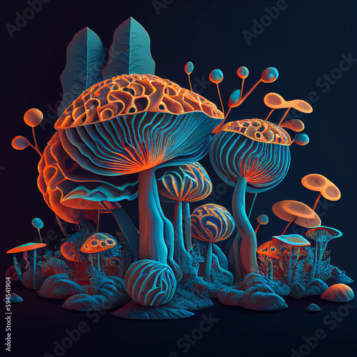 Colorful magic mushrooms. Photorealistic image. Generative AI.