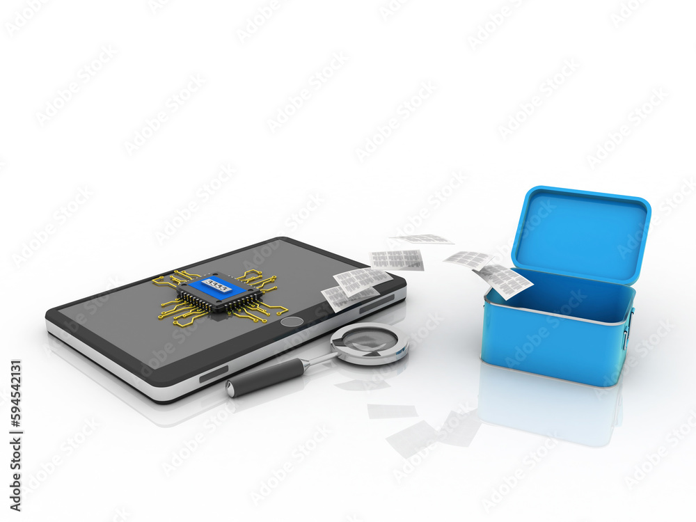 3d rendering microchips on mobile phone search concept 3d rendering microchips on mobile phone search concept