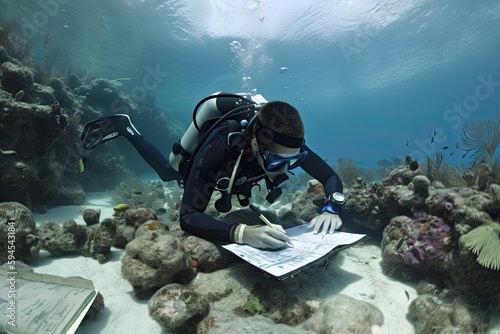 marine biologist, conducting research on the ocean floor, surrounded by schools of fish, created with generative ai photo