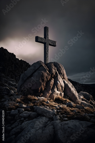 christian symbol on top of rock, cross symbol on the rock hill generative ai