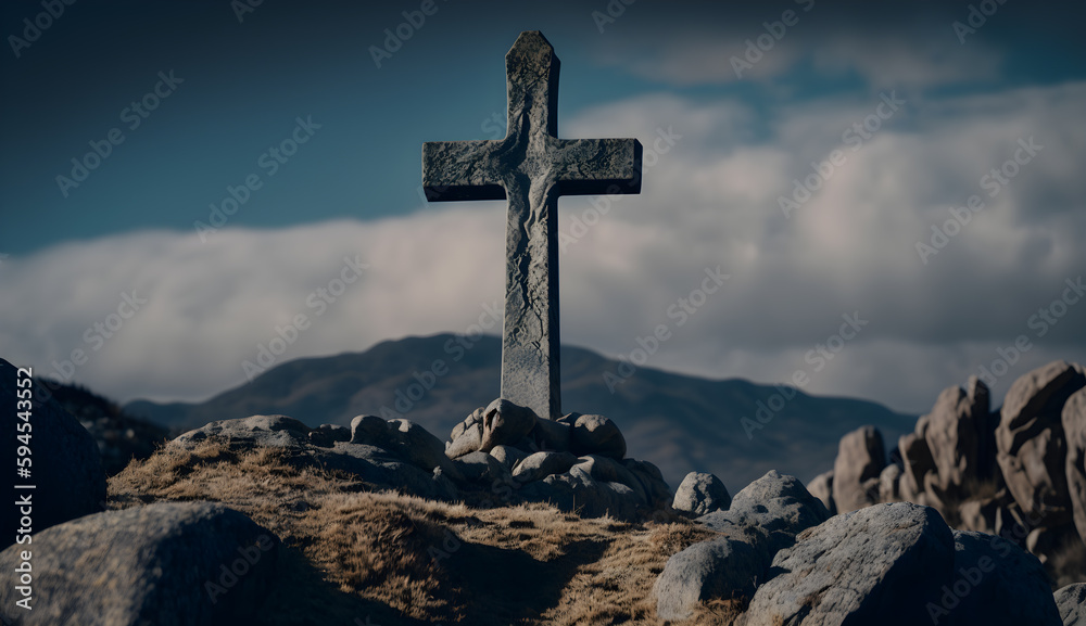 cross symbol on the rock hill ,christian symbol on top of rock generative ai cross symbol on the rock hill ,christian symbol on top of rock generative ai