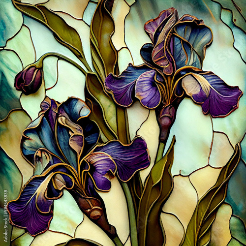 Irises in Art Nouveau style. Imitation of an old stained glass window. Generative AI.