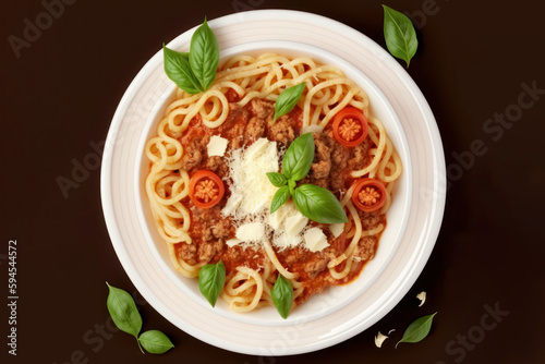 Spaghetti Bolognese with Parmesan and Basil Top View. Generative AI