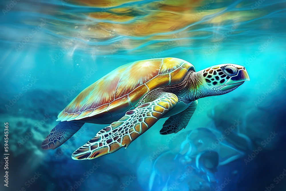 Fototapeta premium Sea Turtle Under a Tropical Colorful Clear Sea, Generative AI
