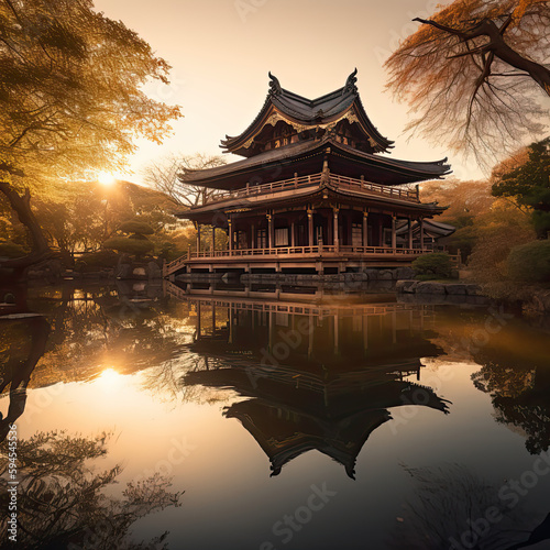 The Serenity of Nature  A Beautiful Snapshot of an Old Japanese Temple and Lake