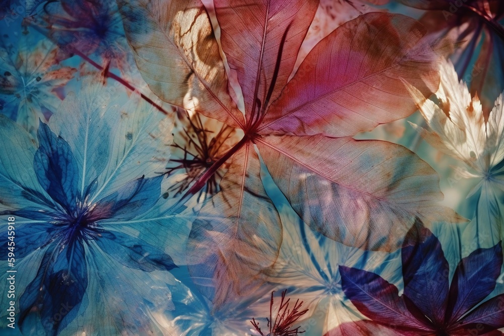 Color tropical flowers photography. AI generative