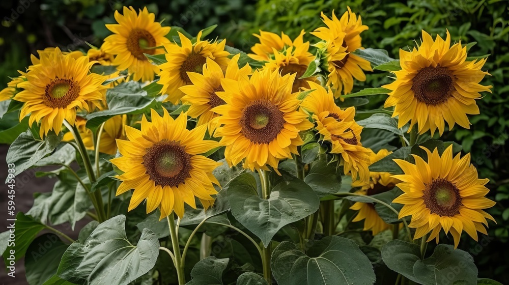 A cluster of vibrant yellow sunflowers with green leaves. AI generated A cluster of vibrant yellow sunflowers with green leaves. AI generated