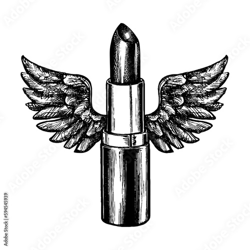 lipstick with wings vintage hand drawn illustration 