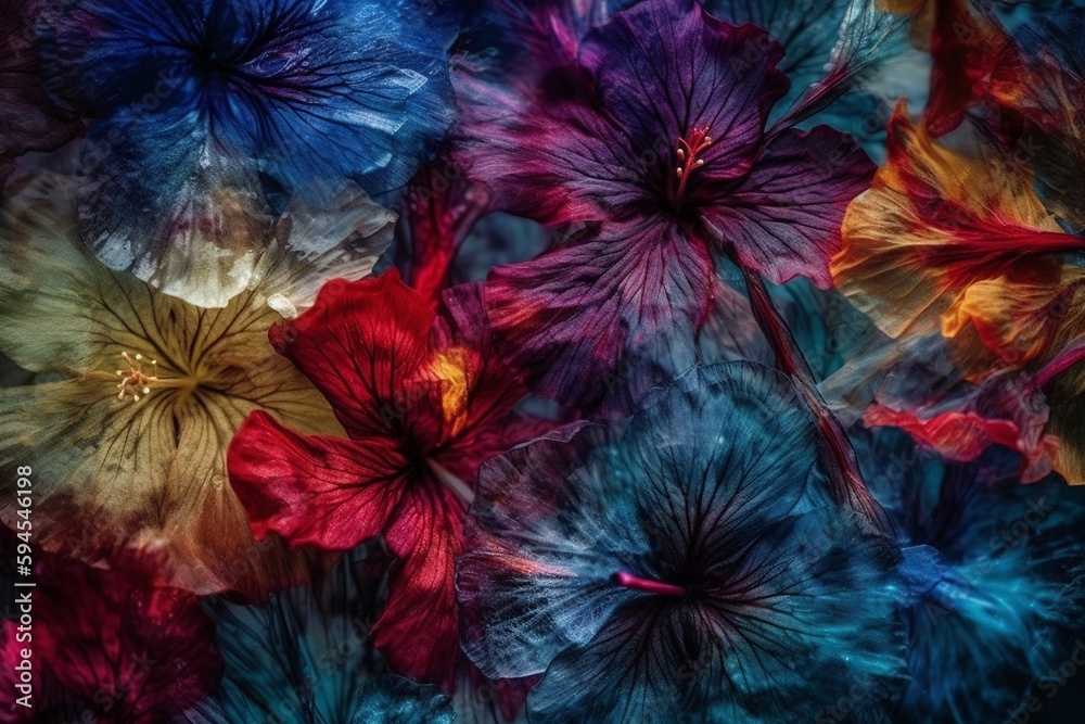 Color tropical flowers photography. AI generative