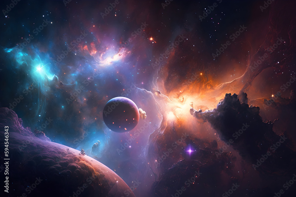 Planet on cosmic background, featuring stars, galaxies, and nebulas, Generative AI