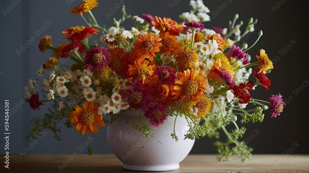 A colorful bouquet of wildflowers in a white vase. AI generated A colorful bouquet of wildflowers in a white vase. AI generated