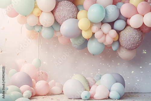 girl's birthday, birthday balloons background, first cake party, pastel colors, Fototapeta