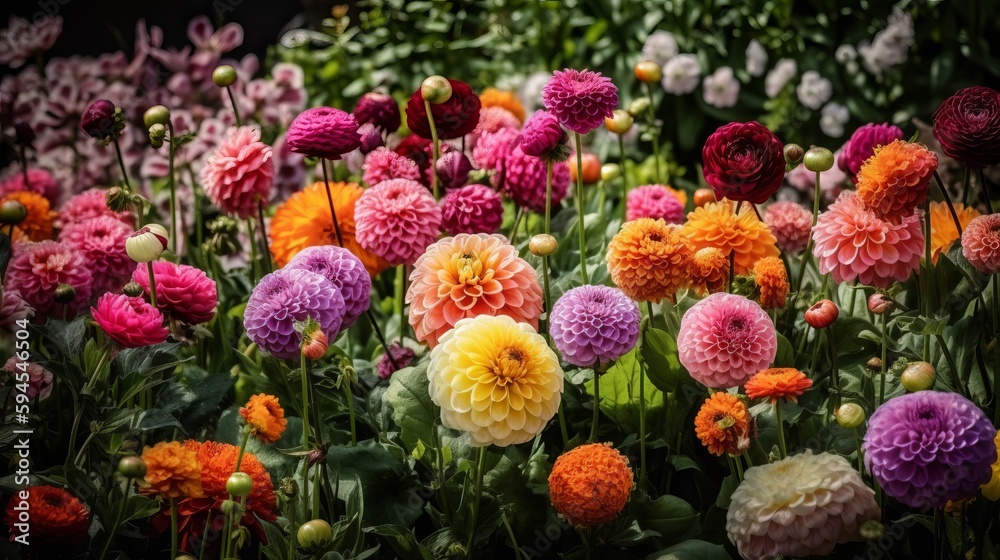 A colorful mix of tulips, dahlias, and other spring flowers. AI generated