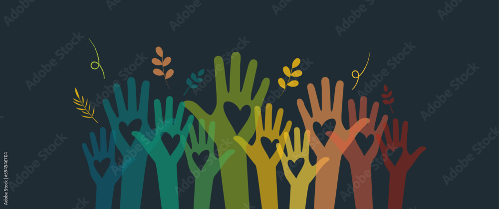 Raised hands. Volunteering, teamwork concert.