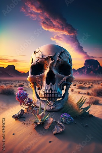 Skull in desert landscape skull filled with flower, view of a beautiful sand and sunset desert AI Generative