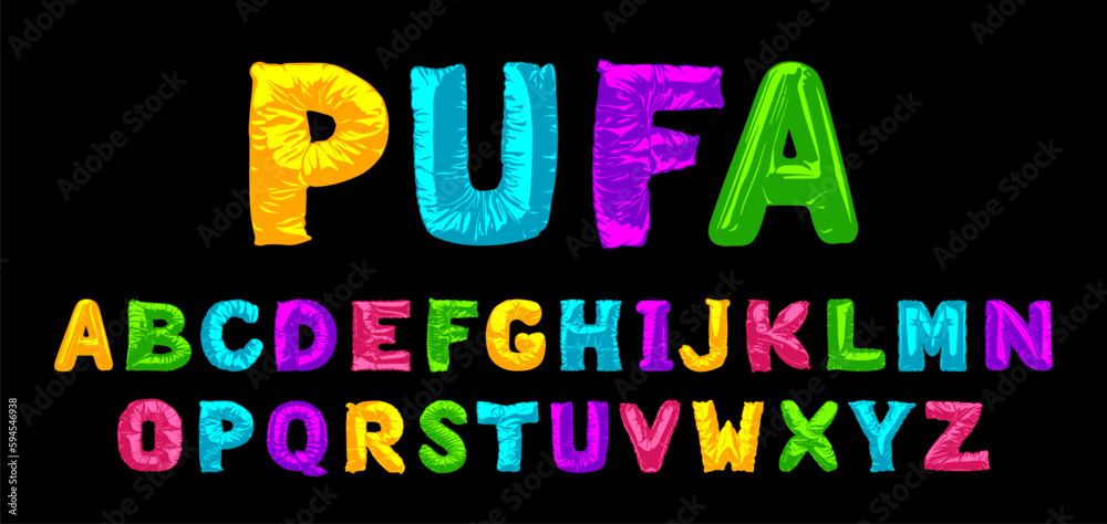 Inflated alphabet, puffy jacket like letters or balloon style font, vector illustration, English characters