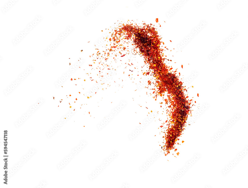 Isolated pepper splashes on a white background. Explosion. Chile. Paprika. Spice. Hot pepper powder. Taste of pepper. Mexican. Element for the design. Flying powder.