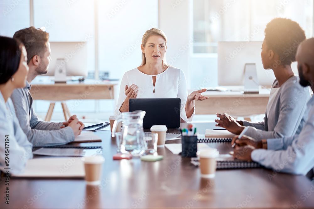 Fototapeta premium Business people, coaching and meeting in strategy, idea or team collaboration at the office. Corporate woman in leadership talking to staff in teamwork, brainstorming or project planning at workplace
