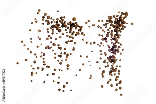 Freeze motion of flying mix of allspice isolated on white background. Concept of flying food.