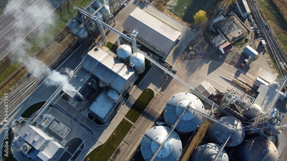 Grain elevator. Granary. Large metal structure grain elevator. Storage