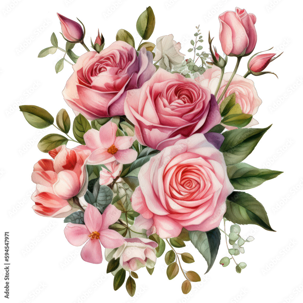 Watercolor drawing of a Rose with leaves. Botanical illustration. Pink color floral bouquet.