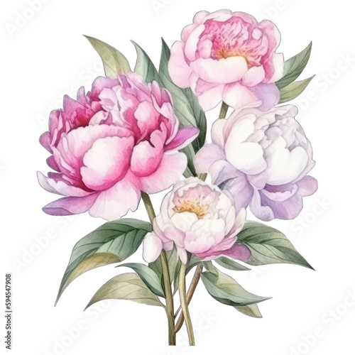 Watercolor drawing of a Peony with leaves. Botanical illustration. Pastel color floral bouquet.