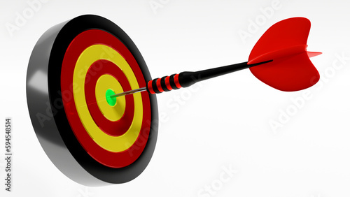3D render of Red dart hitting in the bull eye target center of dartboard , Achieve victory and Success business concept
