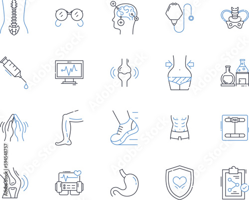 Medical office line icons collection. Diagnosis, Prescription, Examination, Consultation, Immunization, Vaccination, Emergency vector and linear illustration. Trauma,Anesthesia,Surgery outline signs