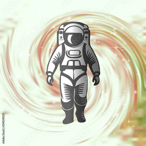 Vector graphic simple astronaut in a spacesuit on the background of a bright spiral galaxy.