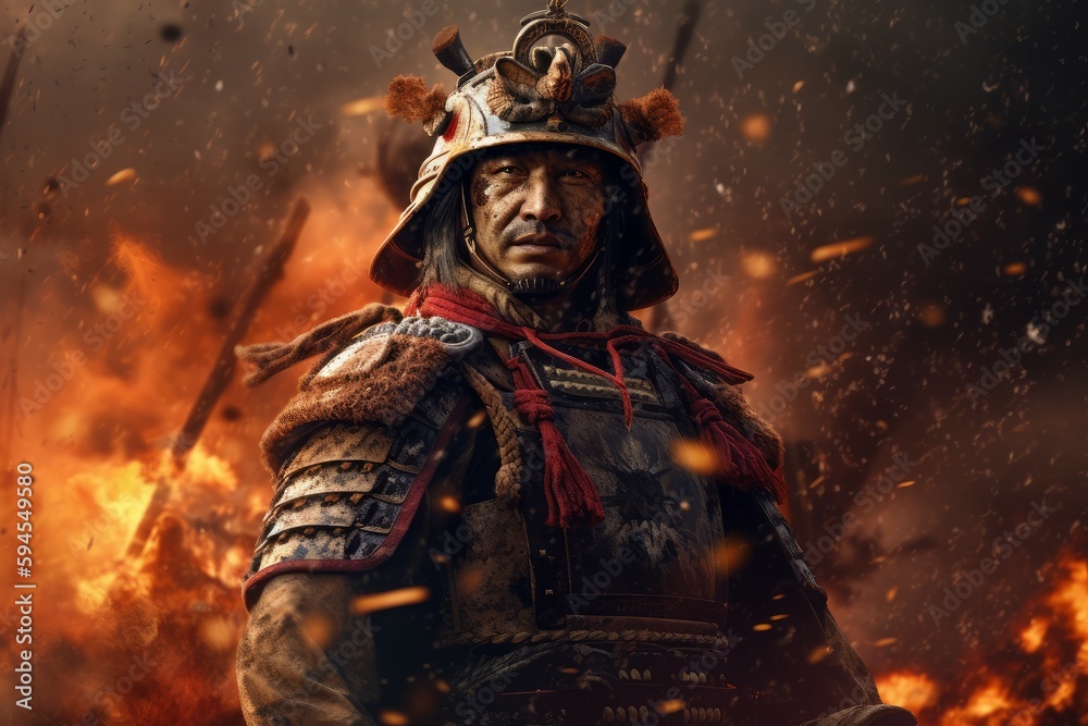 Fototapeta premium Samurai fire war. Generate Ai