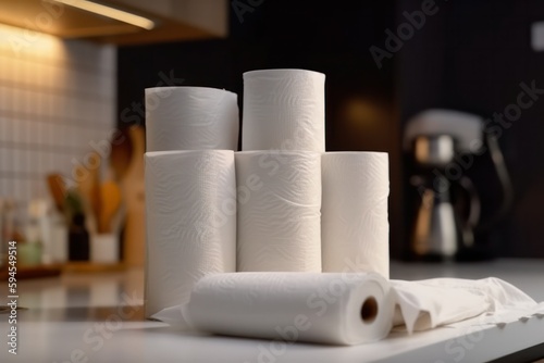 rolls of paper towels on the kitchen table on a blurred background. Generative AI