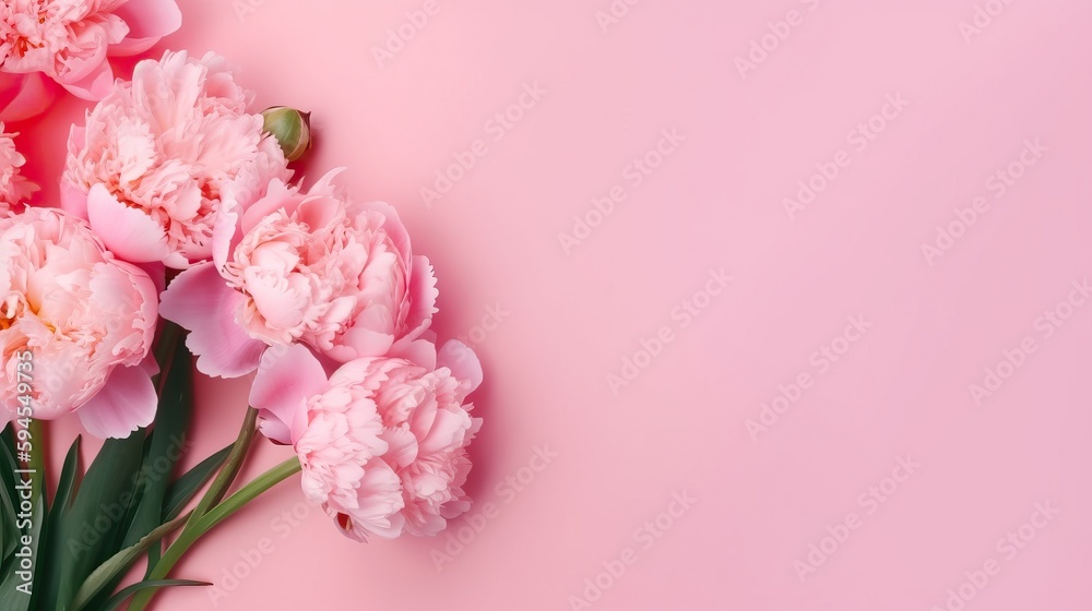 pink peony roses and sprinkles on isolated pastel pink background with blank space pink peony roses and sprinkles on isolated pastel pink background with blank space
