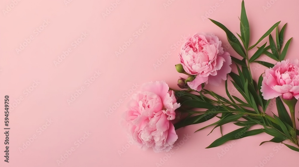 pink peony roses and sprinkles on isolated pastel pink background with blank space