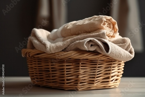 Wicker basket with washed dry linen close-up. Washday. Generative AI